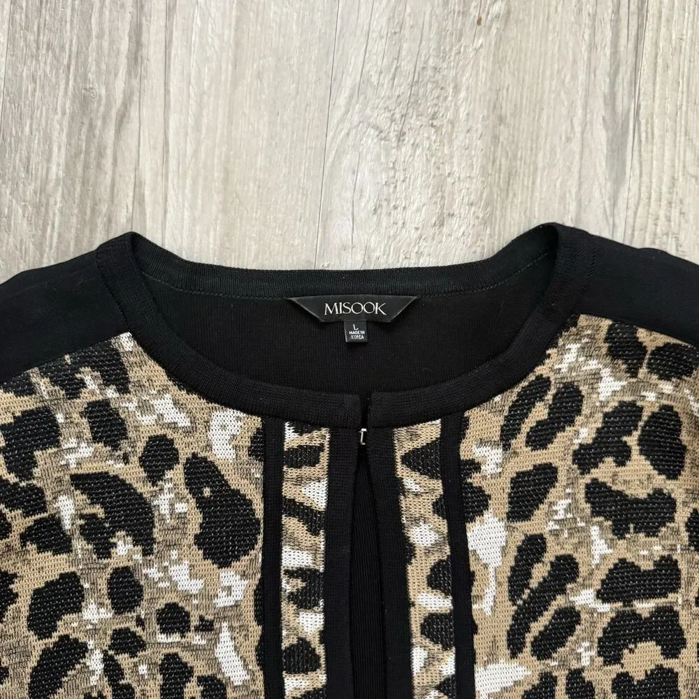 Misook Animal Print Long Knit Jacket Women's L Leopard Cheetah Open Front Luxe